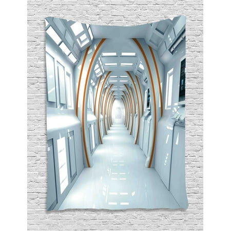 Fantasy Tapestry, Futuristic Hallway of Spaceship Digital Architecture Sci Fi Style Inner View, Wall Hanging for Bedroom Living Room Dorm Decor, Baby Blue Orange, by