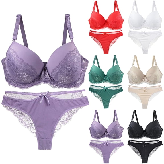 WHEANG 2PC Lace Underwear for Women Solid Color Lace Underwear Set Comfort Wireless Push Up Bra Matching Panties Soft Breathable Floral Lace Underwear 75B White