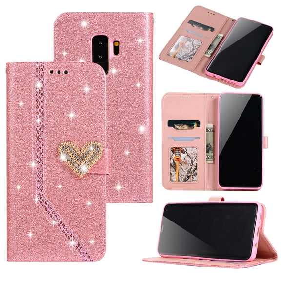 Galaxy S9  Plus Case Wallet, Allytech Premium PU Leather Folio Flip Stand Magnetic Glitter Diamond Embossed Full Body Protective Cards Slots Wallet Case Cover for Samsung Galaxy S9 Plus, Pink