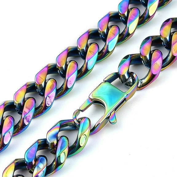 Ion Plating(IP) 304 Stainless Steel Cuban Link Chain Necklaces for Men Rainbow color 23.94 inch(60.8cm) 1pc