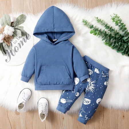 

Leutsin Baby Boys Short-Sleeve Bodysuit Autumn And Winter Solid Color Pullover Hoodie Cotton Planet Print Trousers Suit