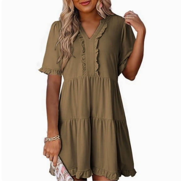 Womens Summer Dresses 2026 V Neck A Line Short Sleeve Casual Ruffle Babydoll Mini Dress
