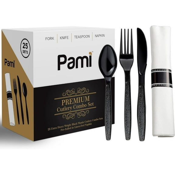 PAMI 25-Set Heavy-Duty Black Plastic Cutlery Set with Knife Fork Spoon & Napkin for Parties & Events