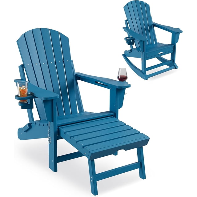 YUSAZENS Rocking Adirondack Chairs - Folding Rocking Chair with Footrest, Outdoor Chair with Retractable Ottoman and Cup Holder Blue