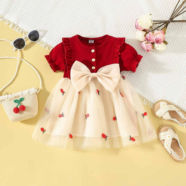 Lovskoo 2024 Boho Baby Dress Toddler Girl Summer Ruffled Hem Lace Knit Pineapple Mesh Bow Tie Short Sleeved Dress for 6 Months 3 Years Baby Clothes