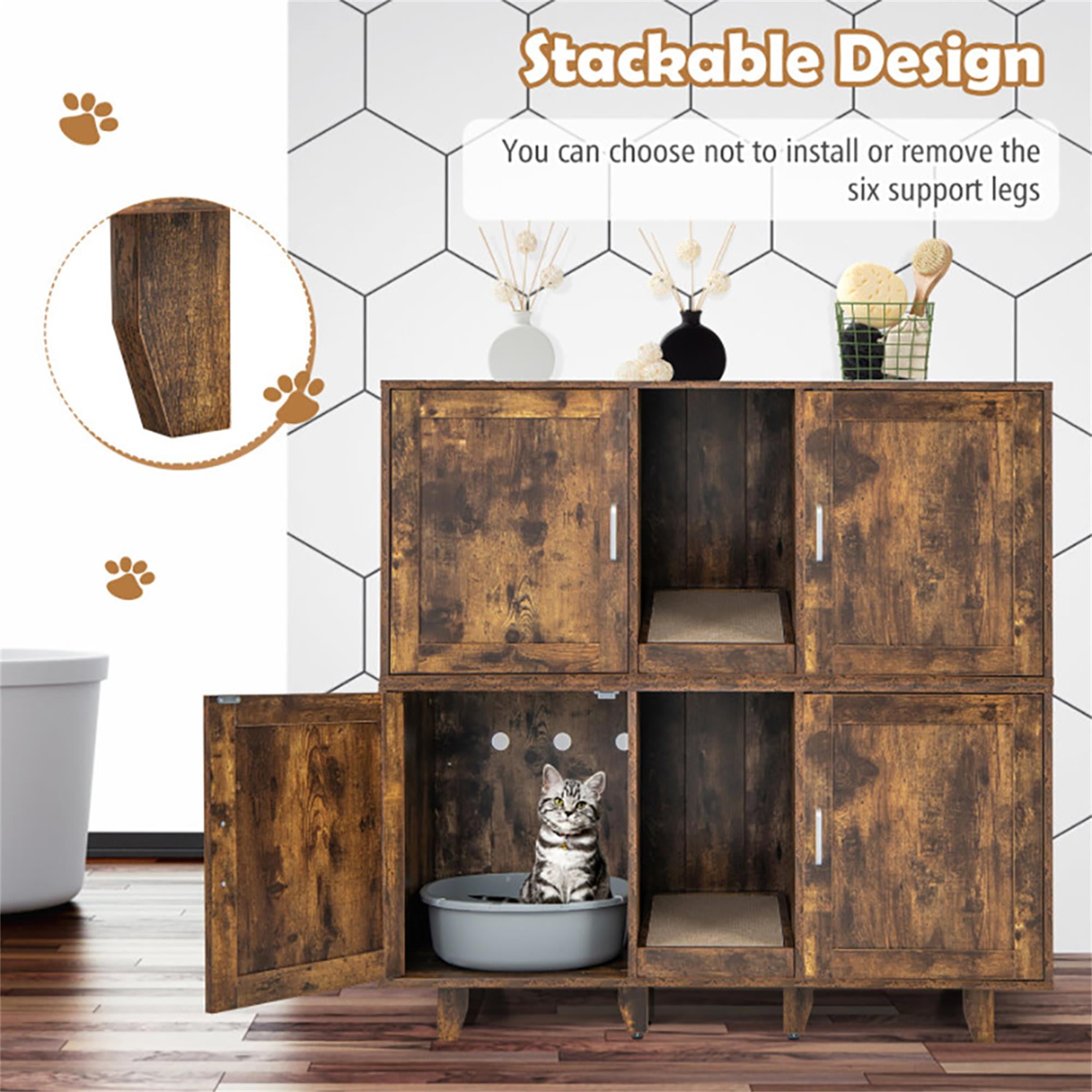 Kadyn 47" 2-Door Cat Litter Box Enclosure with Winding Entry and Scratching Board, Hidden Cat House Washroom Furniture, Dark Brown