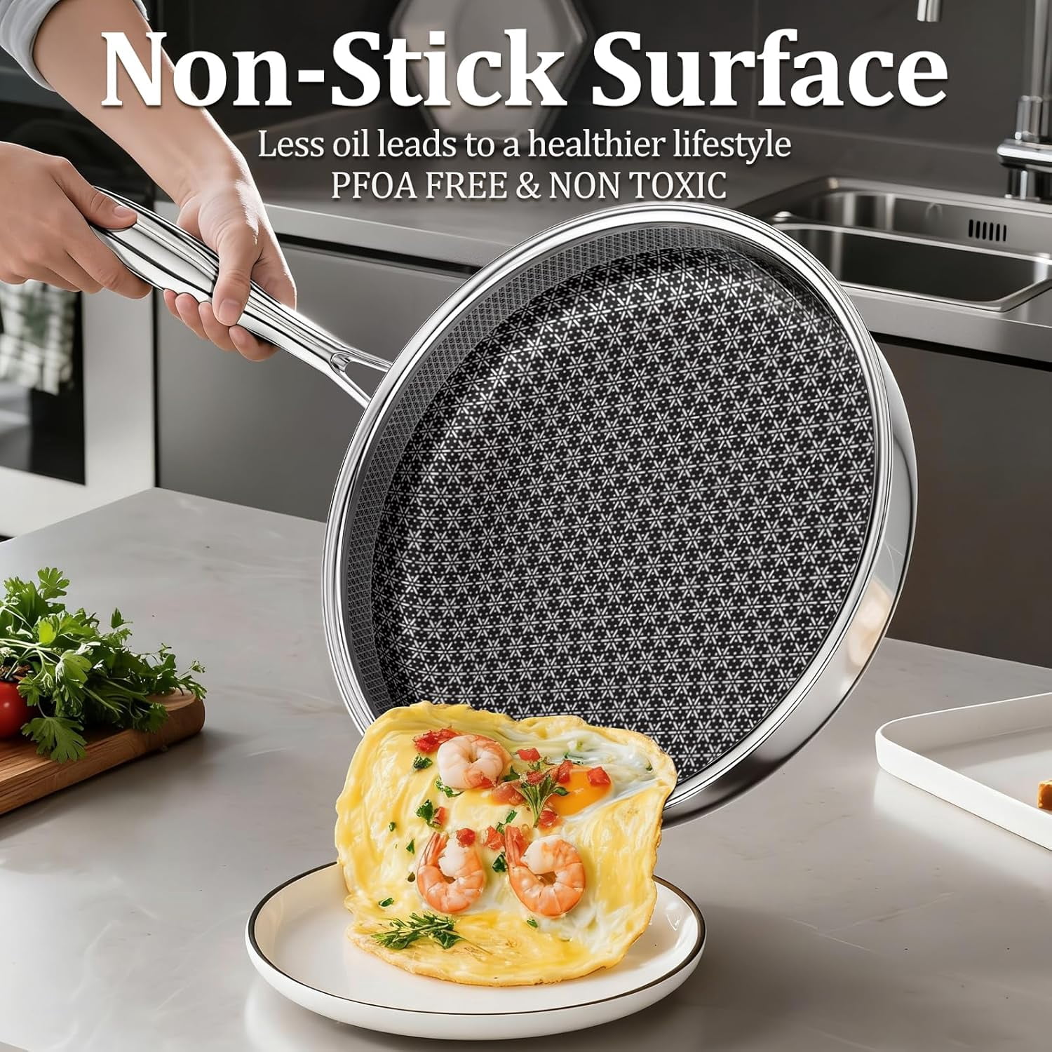 12-Inch Hybrid Non Stick Frying Pan with Tempered Glass Lid, 5-Ply Induction Cookware, Stainless Steel Dishwasher Safe Oven Up to 800F