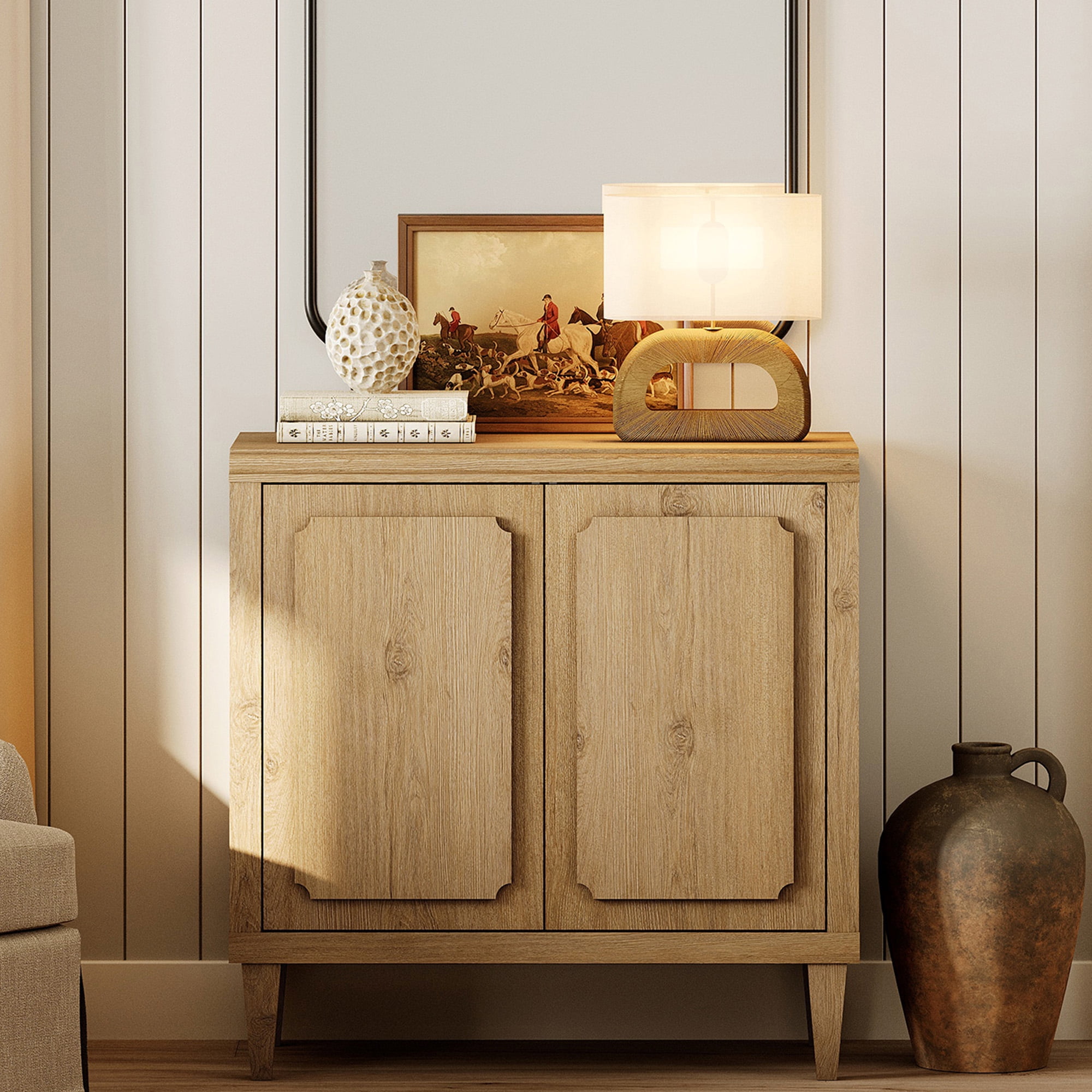 31.5" Oak Buffet Cabinet with Embossed Door, Modern Sideboard with Storage,Oak