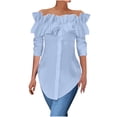 thumbnail image 3 of Scyoekwg Women Blouses Crew Neck Ruffle Off Shoulder Tops Trendy Loose Lightweight Fall Tops Solid Color Dressy Casual Blouses Long Sleeve T Shirts Women Blouses (Blue,L), 3 of 7