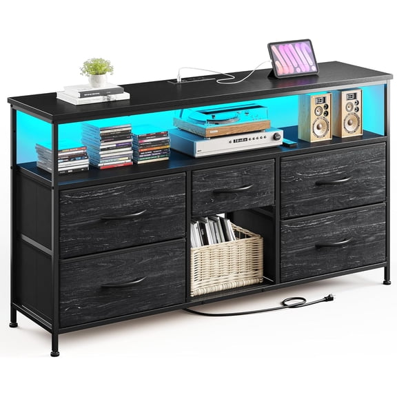 TV Stand for Bedroom with LED Lights & Power Outlets, 5 Drawers Dresser Entertainment Center for 45/50" TV, Fabric Dressers with Storage Wood Shelves for Living Room,Dorm, Sturdy Metal Frame, Black