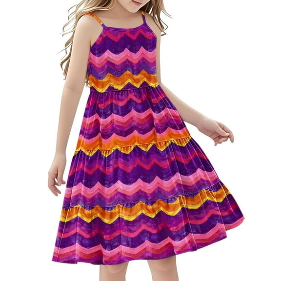 7-8 Years Girl's Summer Dresses Spaghetti Strap Swing Pleated Cotton Dress Tween Kids Boho Beach Casual Midi Sundress for Princess Birthday Party Wedding Prom Gown