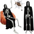 thumbnail image 3 of Esqueleto de Halloween de 5,4 pies/165 cm, esqueleto de tamaño completo con capa negra, huesos humanos de tamaño natural para Halloween, patio, jardín, decoración de fiesta espeluznante, 3 of 4
