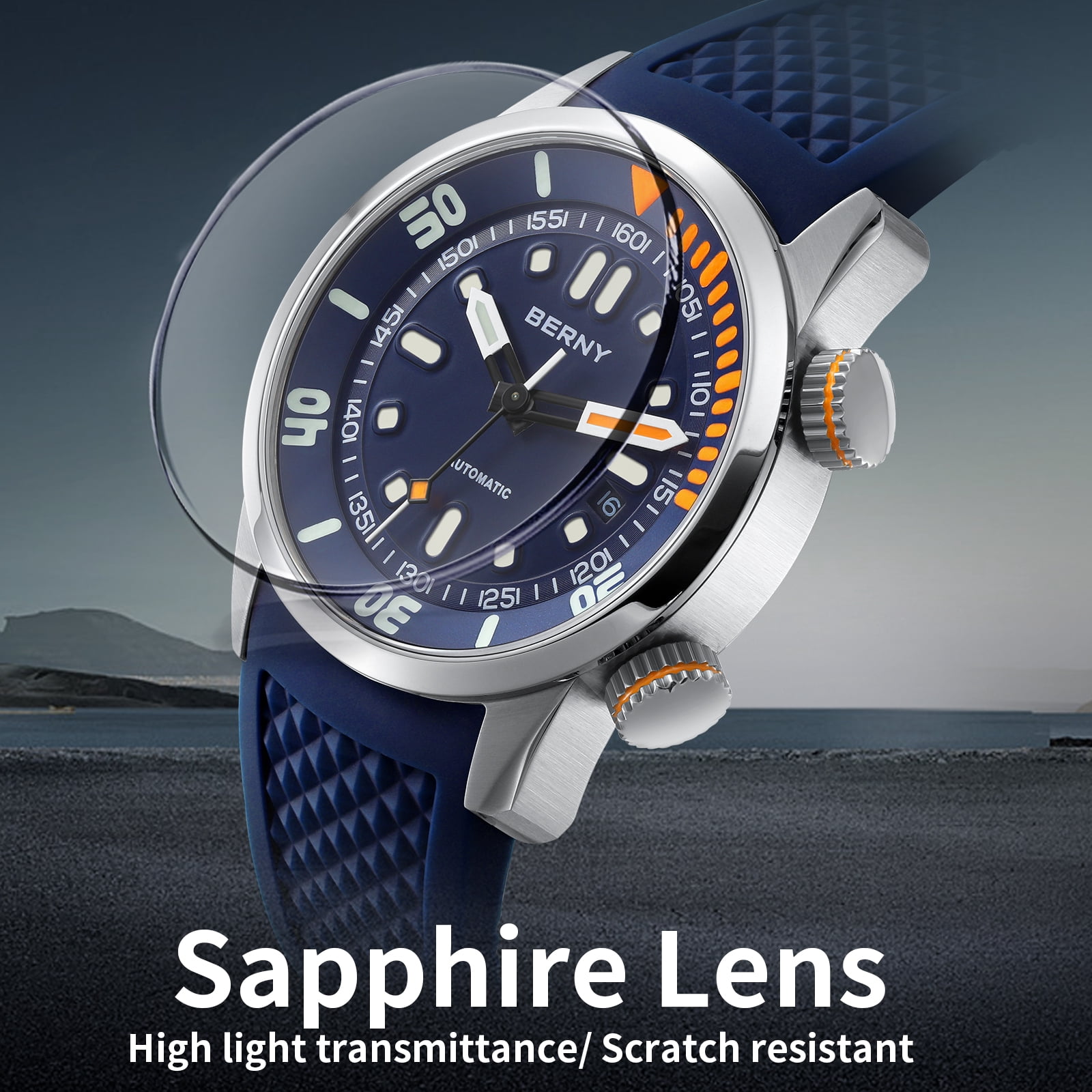 BERNY Automatic Dive Watches for Men, Sport 20ATM Waterproof Analog Mechanical Watch with Date, Super Luminous, Silicone Strap, Stainless Steel, Sapphire Crystal, Men's Pro Diver Watch (Blue)