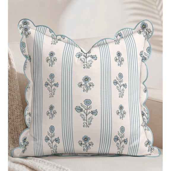 Scalloped Throw Pillow Cover 18x18 Inch - Decorative Blue Pillow Cover Cottagecore Cushion Case with Zipper Grandmillennial Decor for Couch Sofa Living Room Bedroom, Blue Floral