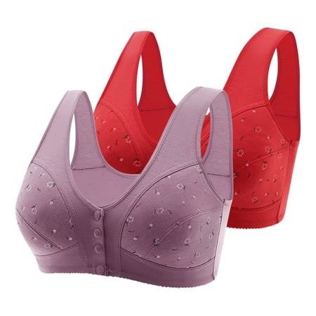 TrendVibe365 Front Closure Bras for Older Women Plus Size Pack of 2 Daisy Floral Wirefree Push up Bralette Padded Snap Front Clasp Wide Strap Longline Corset Full Coverage Crop Tank Top Underwear