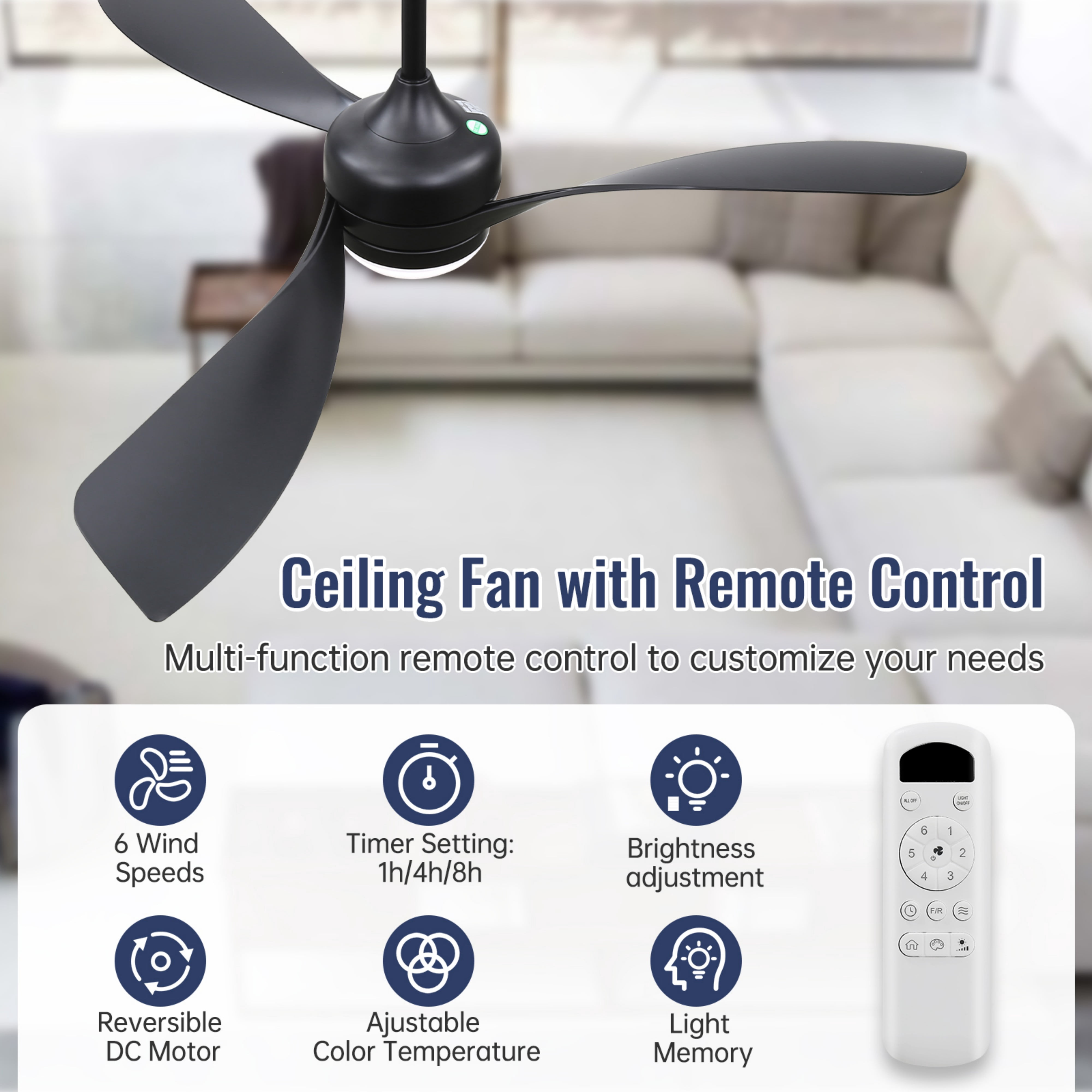 Sofucor 52" Ceiling Fan with Lights Remote Control, 3 Poles for Indoor Outdoor Ceiling Fan with Remote, Reversible Noiseless ETL Motor, 3 ABS Blades