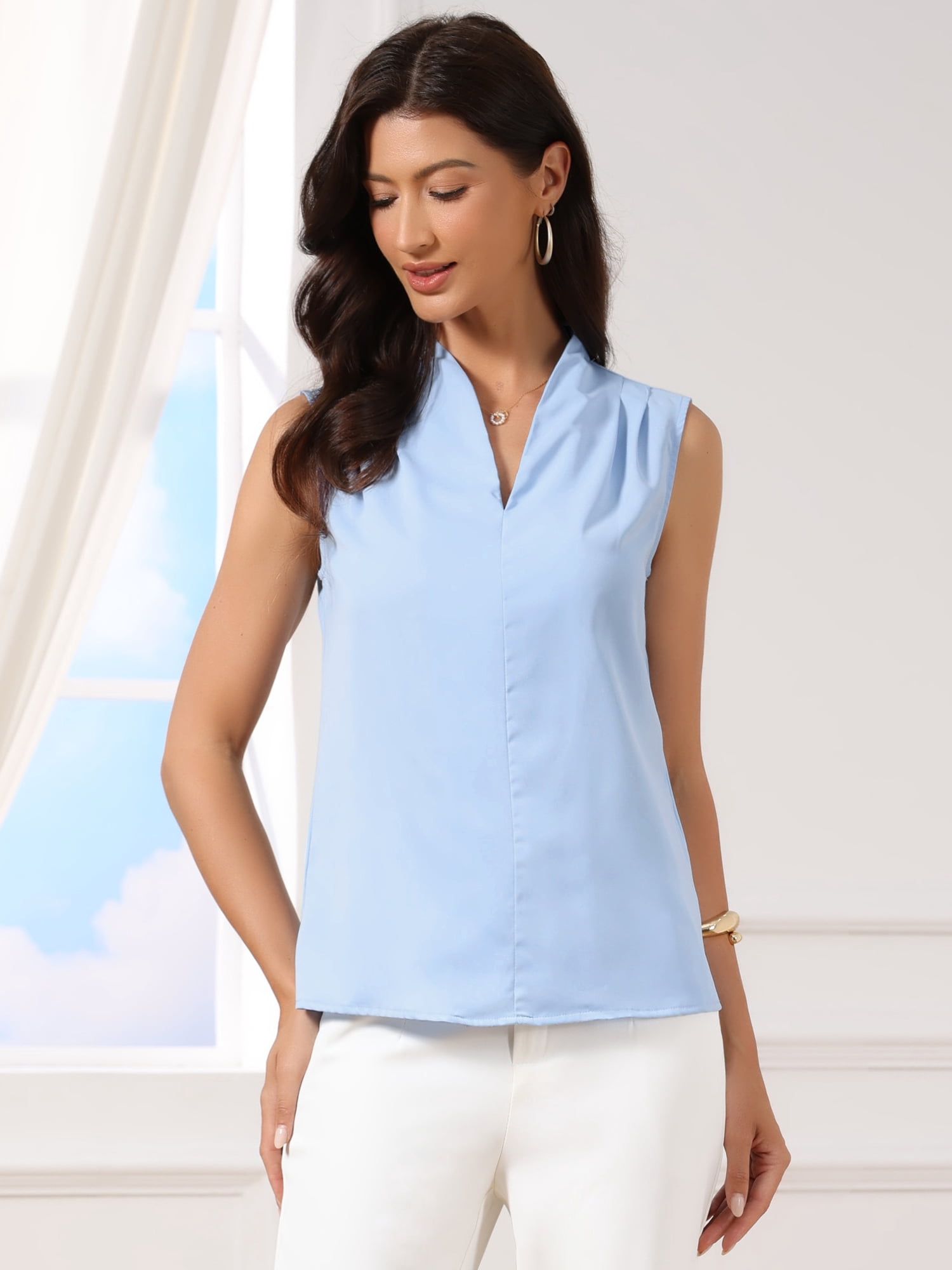 DARING DIVA Women's Business Casual Tops V Neck Sleeveless Work Blouse L Blue