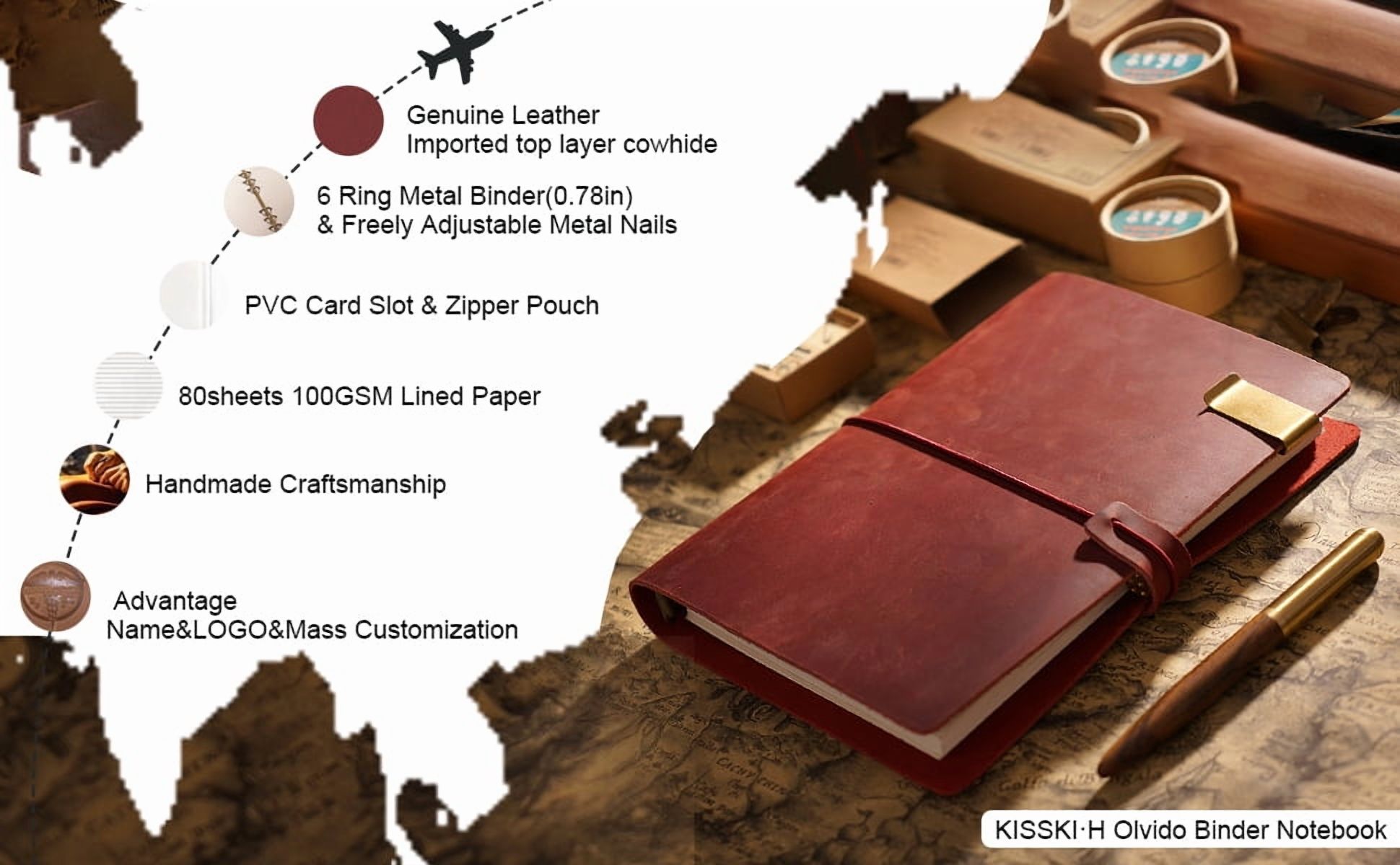 KISSKI·H Olvido Refillable Leather Journals for Women, A5 Travelers Diary Notebook with A5 Notepad, 6 Ring Binder Planner Notebook Organizer, Perfect for Business Gift/Personal Diary, Red