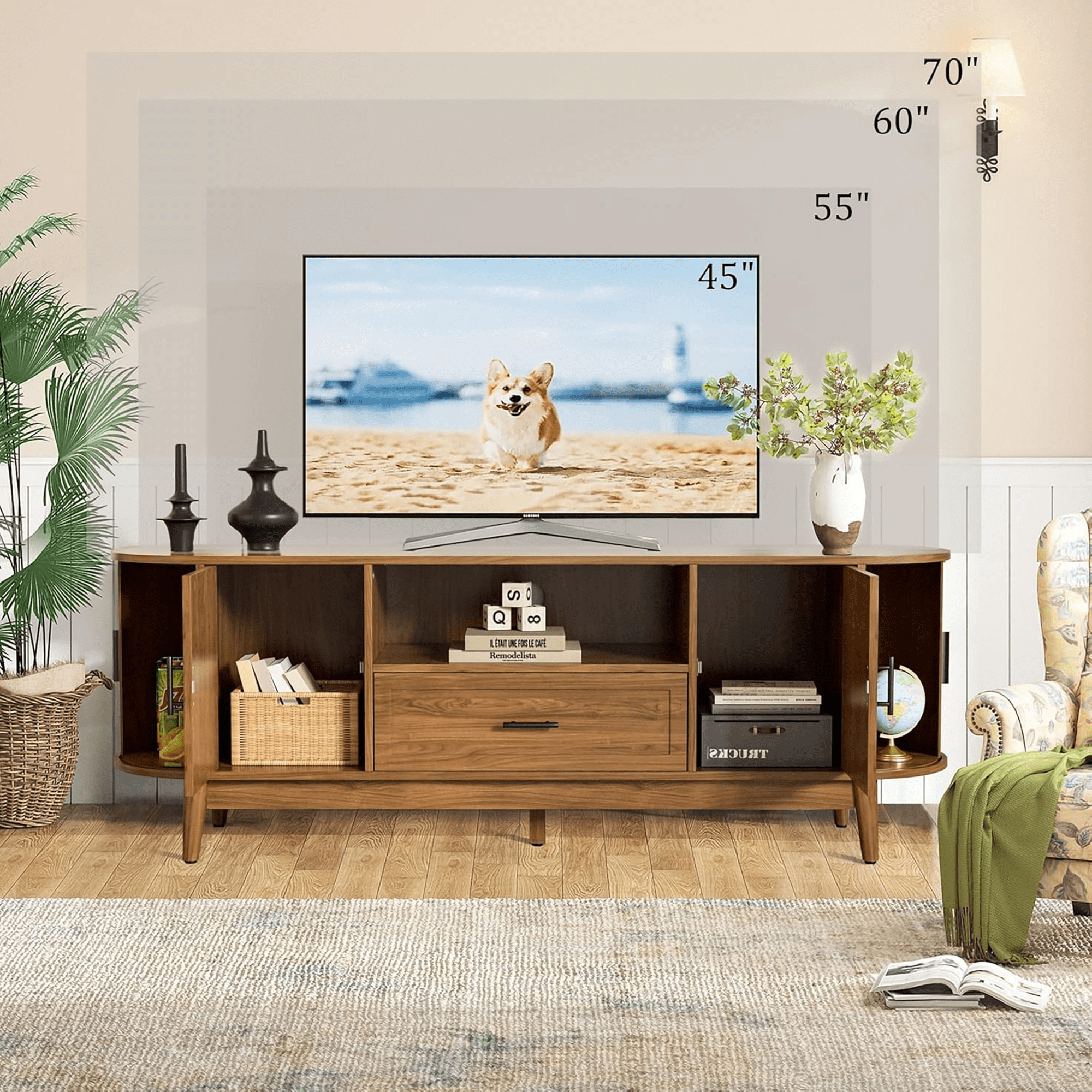 63" TV Stand for Tvs up to 70", Mid Century Modern Fluted Entertainment Center with Drawer and Fluted Doors, Media Console for Living Room Bedroom, Walnut