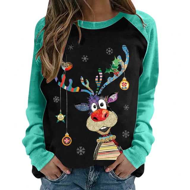 Costumes de Noël en Liquidation Col Rond Mode Décontractée Manches Longues Chandail en Molleton Imprimé de Noël Blouse Chandail en Molleton Surdimensionné pour Femmes