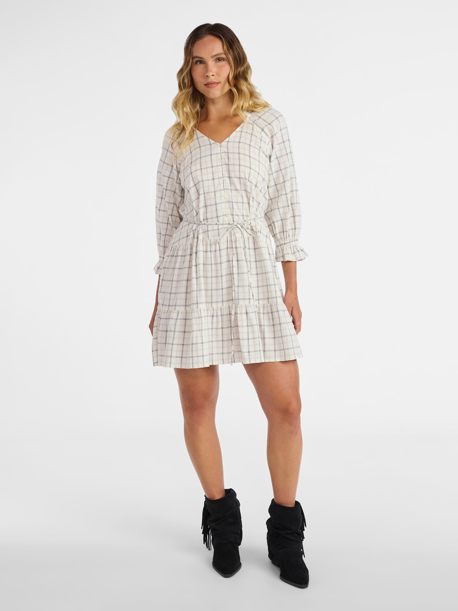 Time and Tru Women's Ruffle Neck Tiered Mini Dress, Sizes XS – XXXL