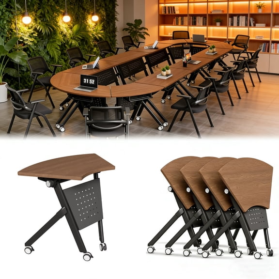 Folding Conference Table Foldable Conference Room Tables,Modular Fan Shaped/RectangleTraining Table with Silent Wheels,Mobile Modular Nesting Seminar Meeting Tables for Office (Walnut A,4,35.4)