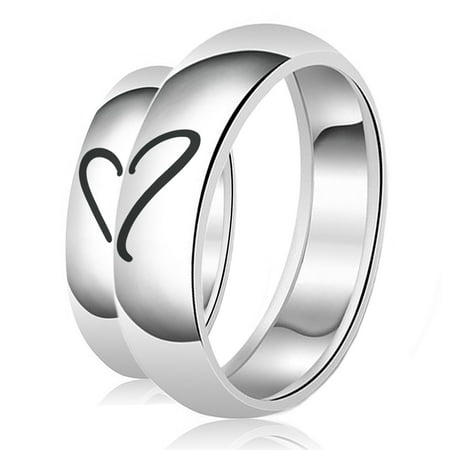 His & Her Engraved Heart Puzzle Classic Sterling Silver Plain Wedding Band