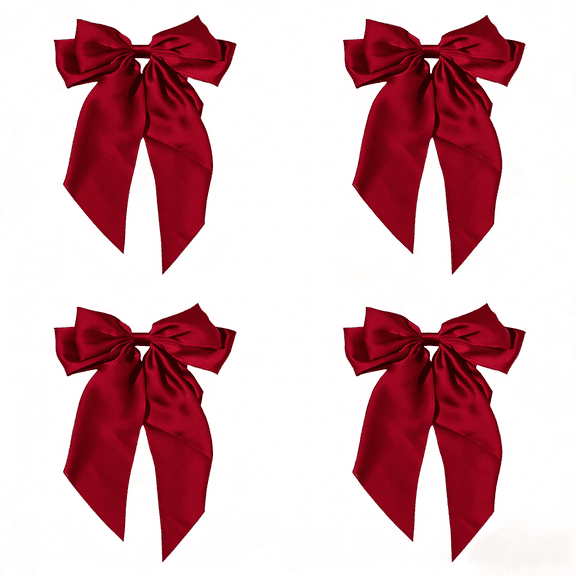Big Layered Red Hair Bows for Women, Silky Bow Hair Clips with Long Tail, Large Ribbon Bows for Hair, Satin French Bow Barrette, Bowknot Metal Clips Slides Hairpins Hair Accessories