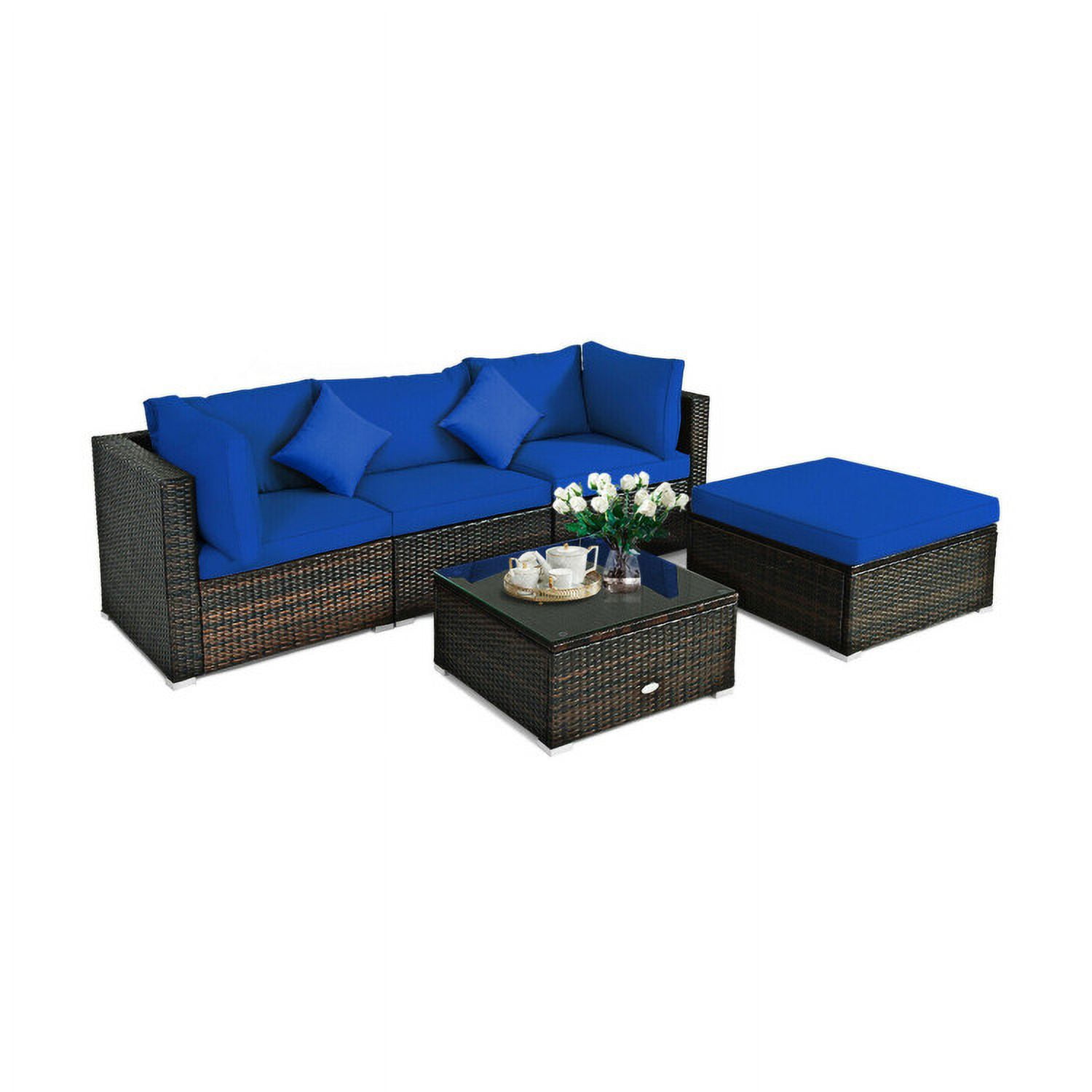 Aimee Lii 5 Pcs Outdoor Patio Rattan Furniture Set Sectional Conversation with Cushions, Outdoor Patio Set, Navy