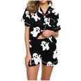 thumbnail image 2 of Women's Satin Sleepwear Button Down Short Sleeve Pajama Sets Halloween Cute Ghost Print 2 Piece Loungewear Shorts Set Lightweight Comfortable Summer Pjs Notch Collar, 2 of 6