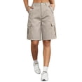 thumbnail image 2 of Bermuda Cargo Denim Shorts for Women Knee Length 6 Pockets Elastic Waist Long Jorts for Summer Casual Khaki M, 2 of 7