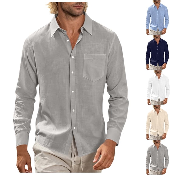 Xaqiouau Men Pure Linen Turn Down Collar Single Chest Pocket Full Button Front Solid Tone Summer Vacation Long Sleeve Woven Shirt Gray L