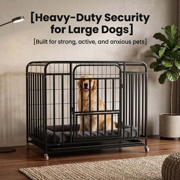 Alloy Steel Dog Crate,38 inch High Anxiety Dog Crate,Dog Homes with Divider Panel,Leak-Proof Tray & Secure Latches