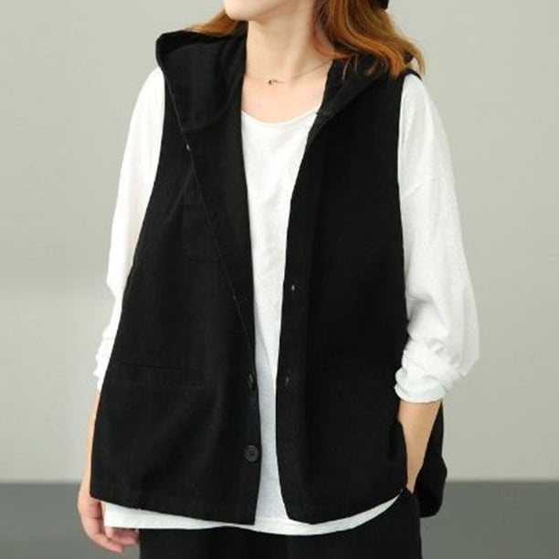 Abrigo informal sin mangas con capucha y chaquetas para mujer, de algodón, liso, holgado y sin mangas, con capucha
