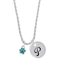 thumbnail image 1 of Delight Jewelry Silvertone Mini Translucent Teal Paw Silvertone Script Initial Disc - P - Charm Necklace, 20"+3", 1 of 4