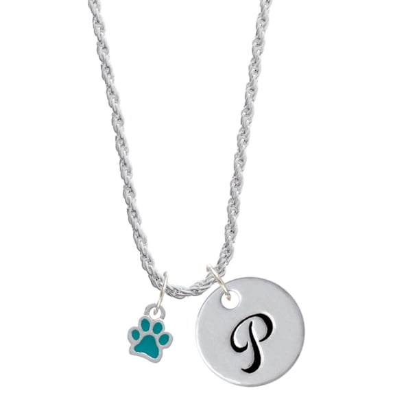 Delight Jewelry Silvertone Mini Translucent Teal Paw Silvertone Script Initial Disc - P - Charm Necklace, 20"+3"