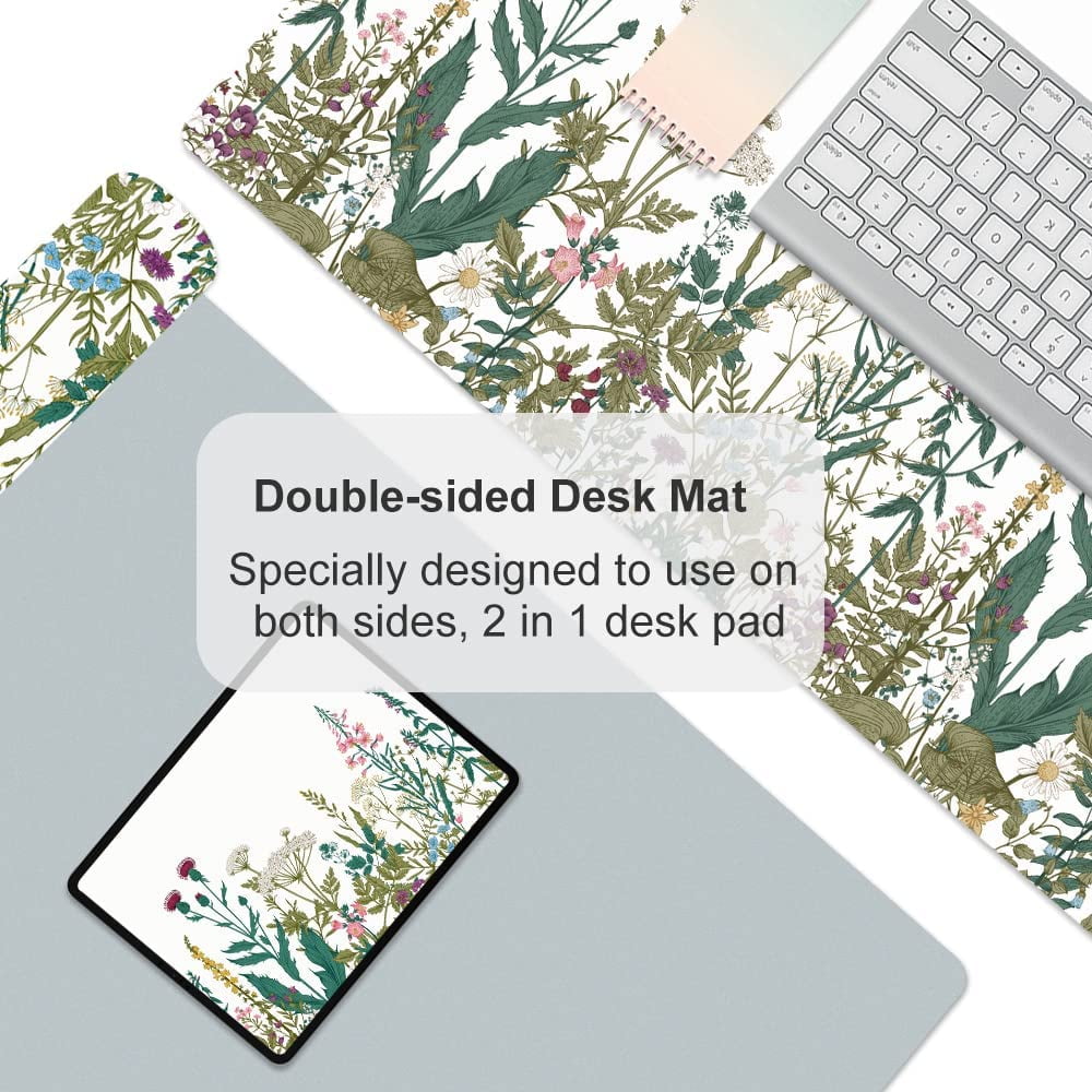 Large Desk Pad, Waterproof PU Leather Computer Desk Mat for Desktop, Wildflowers Weeds Print Cute Gaming Mouse Pad, XXL Full Desk Mousepad Non Slip Writing Pad 31.5" x 15.7" - Colorful Plants