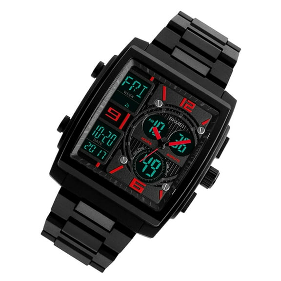 Masteelf Men's Digital Watch with Red PU Rubber Band, EL Backlight, 50M Water Resistant Timepiece