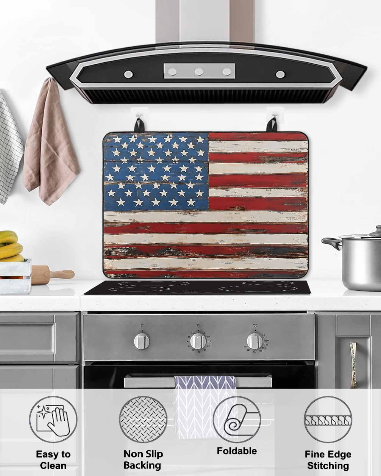 nqOlkjepod Large Induction Cooktop Protector Mat 36"x21", Farmhouse American Flag Stove Top Covers for Electric Stove, Blue Red USA Flag Vintage Stove Burner Cover Mats, Glass Top Stove Cover
