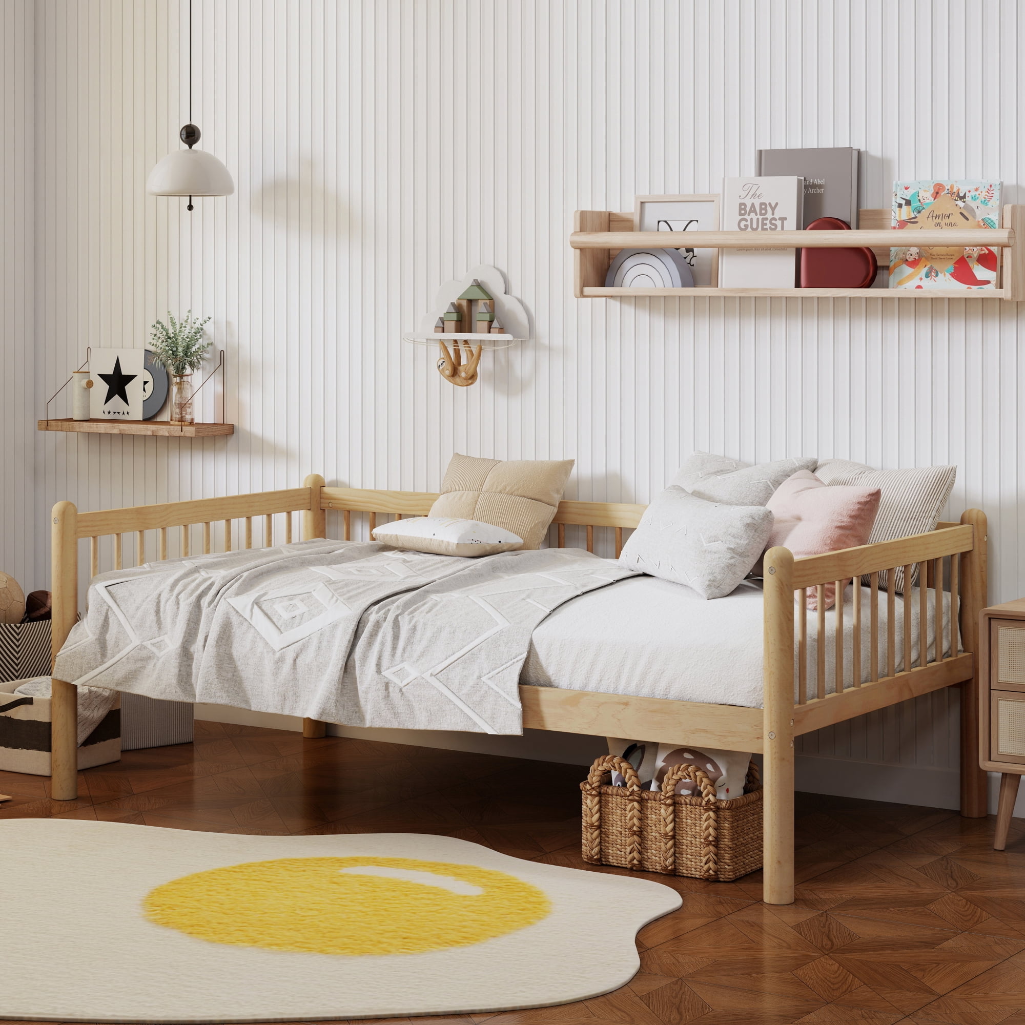 HOQBN Twin Size Pine Wood Daybed, Sofa Bed Frame with 3-Side Guardrails and 10 Support Slats for Bedroom, Natural