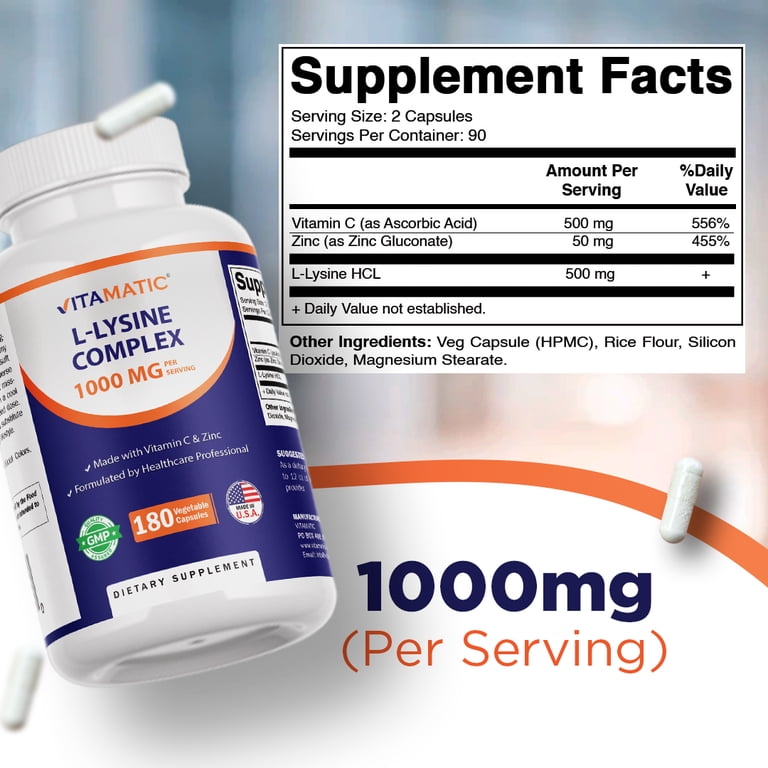 Vitamatic L-Lysine Complex 1000 mg with Vitamin C & Zinc – Immune Support, Cold & Skin Health – 180 Vegetable Capsules – Non-GMO, Gluten Free – Made in USA