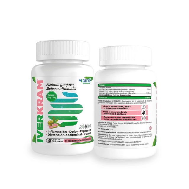 IVERKRAM Psidium guajava, Melissa Officinalis | CMD | Duo pack con 2 cajas con frascos de 30 cápsulas c/u.