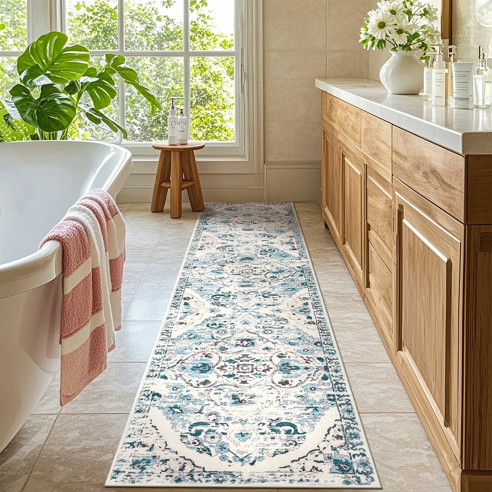 MeyJey 2'x8' Boho Runner Rug for Hallway, Non Slip Machine Washable Rug Distressed Vintage Floor Carpet for Bedroom Kitchen Laundry Room, Blue/Beige