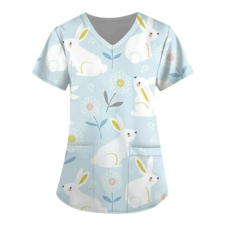 

DNDKILG Women s Professionals V Neck Scrubs Top Casual Working T Shirt Easter Print Uniform Pockets Holiday Nursing Scrubs M
