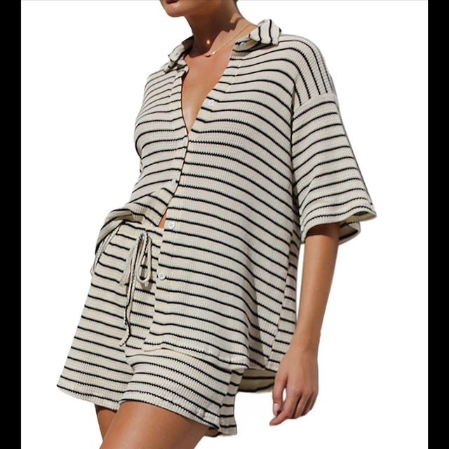 Conjunto de Verano para Mujer: Camisa de Rayas de Algodón y Pantalones Cortos, Dos Piezas Negro S