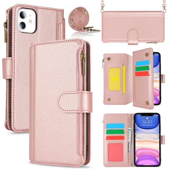 for iPhone 11 Crossbody Case, RFID Blocking for iPhone 11 Case Wallet with Card Holder, Fashion PU Leather Magnetic Flip Zipper Wrist Strap Lanyard Phone Case, Rosegold