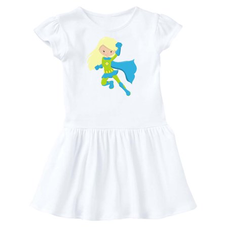 

Inktastic Superhero Girl Blonde Hair Blue Cape Blue Boots Gift Toddler Girl Dress