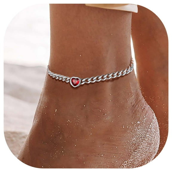 ChainsProMax Women Heart Anklets 5MM Cuban Link Birthstone Ankle Bracelet Jewelry Gift, Stainless Steel