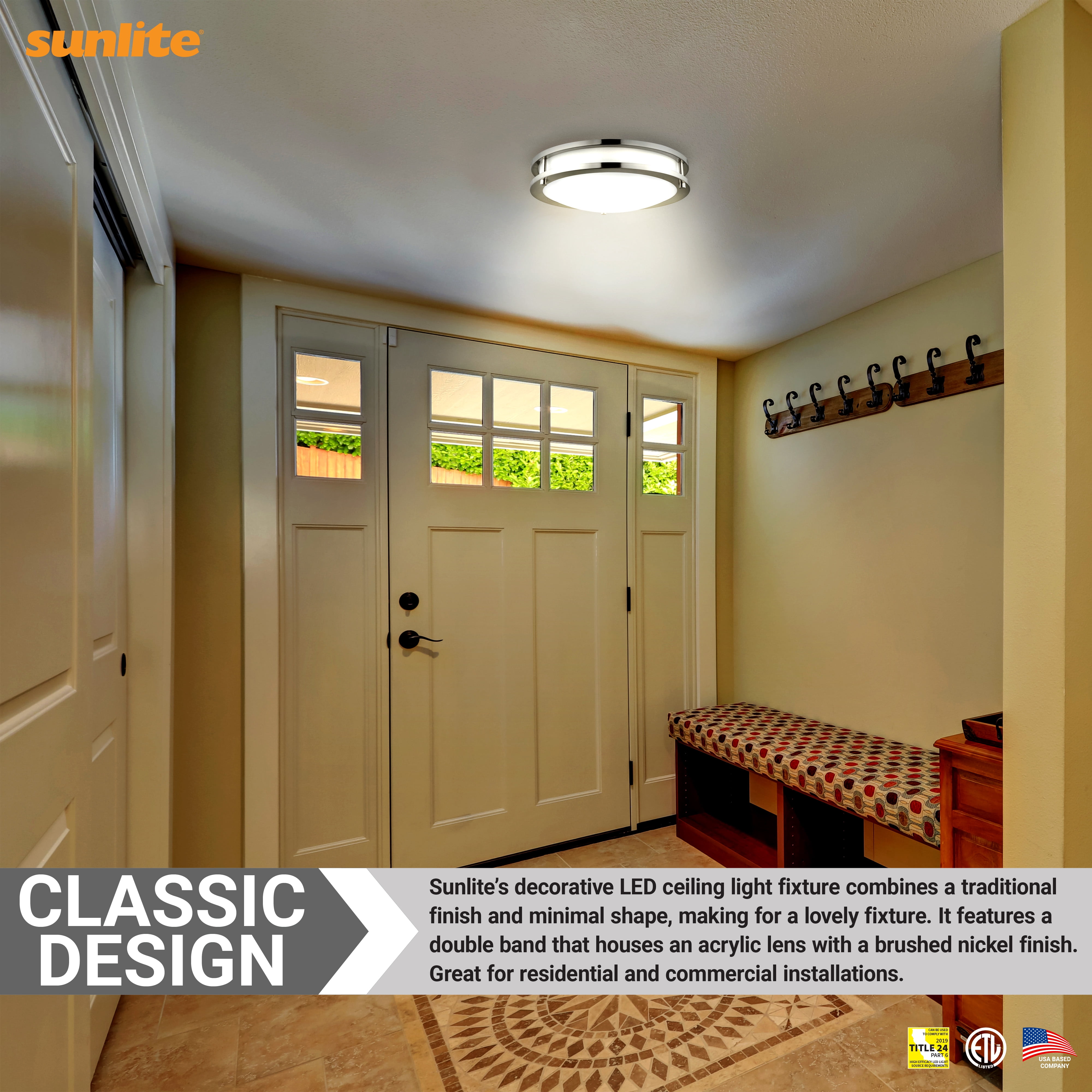 Sunlite 18” LED Decorative Flush Mount Ceiling Light Fixture, 28 Watts, 2400 Lmns, Color Selectable 27K/30K/35K/40K/50K, Dimmable, 90 CRI, 120 Volts, ETL Listed, Title-24 Compliant