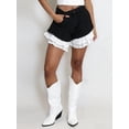 thumbnail image 4 of Women'S Patchwork Lace Trim Hem High Waist Washed A-Line Denim Shorts with Pocket Black S, 4 of 8
